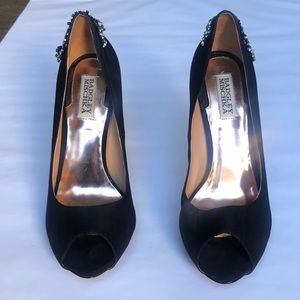 Badgley Mischka open toe black heel with jewels